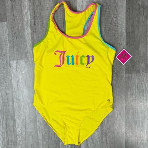 NWT Juicy Couture Girls Yellow Spell Out One Piece Swimsuit Size 16 - Picture 1 of 7